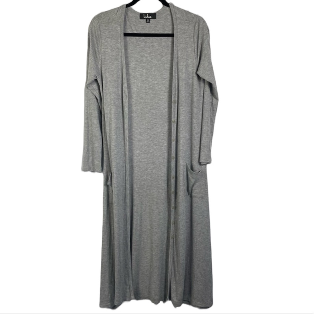 Lulu’s Long Gray Open Front Duster Cardigan Lightweight Stretch Size XS